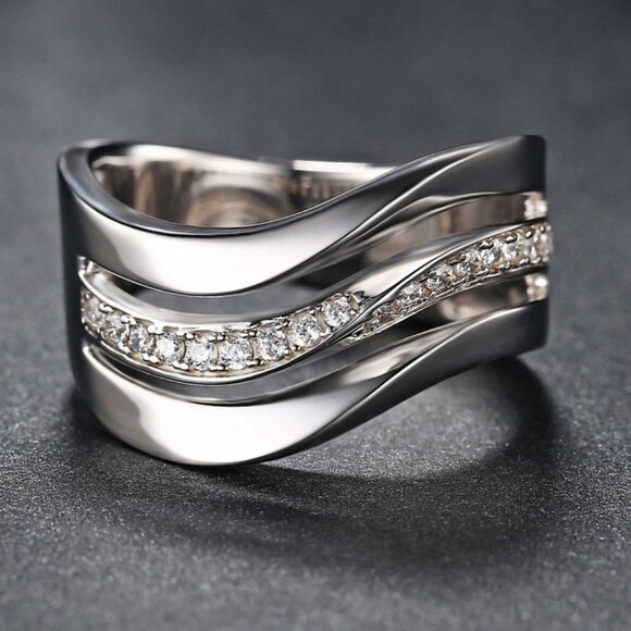 Refine Three Layers Wave Zircon Macro Pave Rings for Women, PD389 - Picture 2 of 7